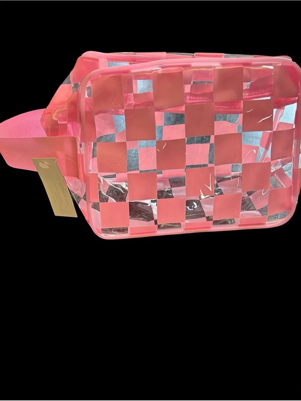 Clear Zippered Pouch Pink Checkered Transparent Cosmetic Case 8X6X4”